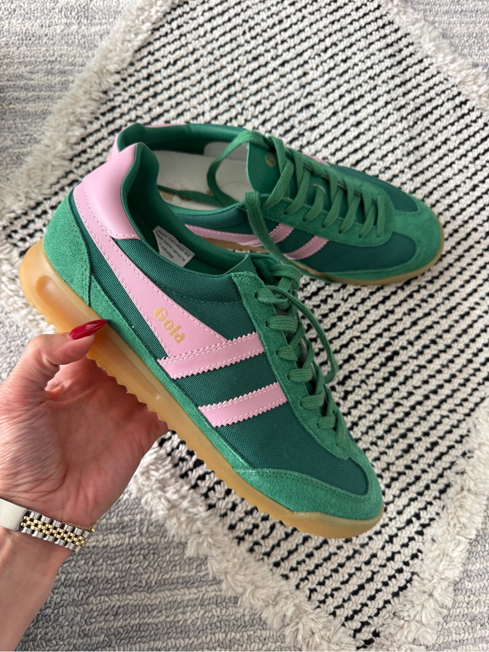 Gola Green Sneakers with Pink Stripe Accents